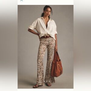 BY ANTHROPOLOGIE Printed Satin Flare Pants Women's Size 12 Black Motif NWT